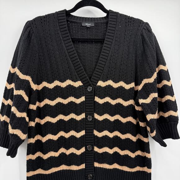 Rails Cardigan Sweater Womens XL Black Camel Stripe Isla Puff Sleeve Button - Picture 2 of 13